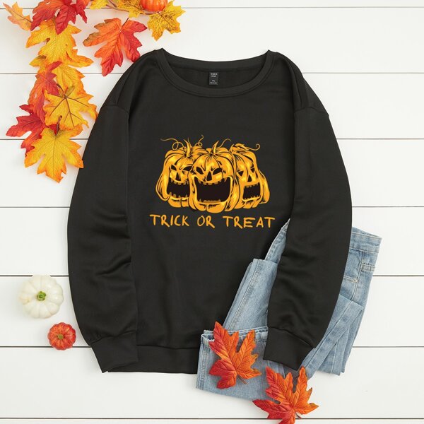 

Plus Halloween Print Thermal Lined Sweatshirt, Black