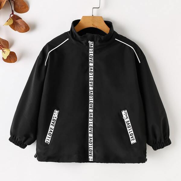 

Boys Contrast Letter Tape Zipper Jacket, Black