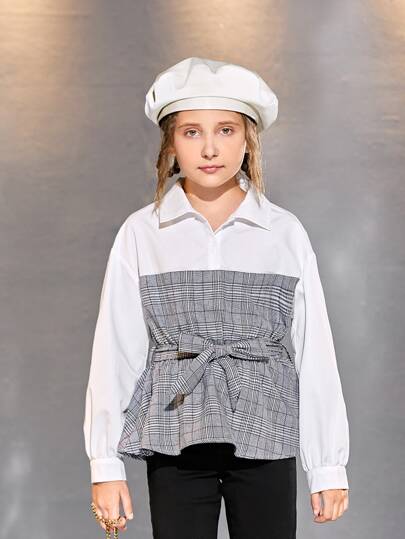 SHEIN Girls Glen Panel Drop Shoulder Belted Blouse