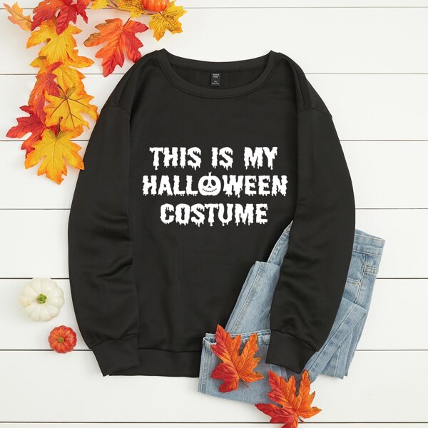 

Plus Halloween Print Thermal Lined Sweatshirt, Black