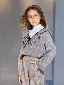 SHEIN Niñas Blusa de cuadros ribete con fruncido de cuello alto - Gris - Ver 1
