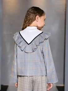 SHEIN Niñas Blusa de cuadros ribete con fruncido de cuello alto - Gris - Ver 2