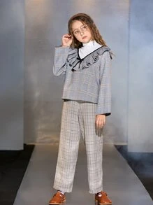 SHEIN Niñas Blusa de cuadros ribete con fruncido de cuello alto - Gris - Ver 4