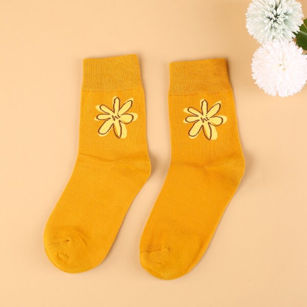 

Flower Print Crew Socks, Yellow