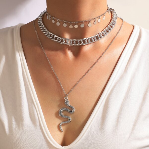 

Snake Design Layered Necklace, Silver