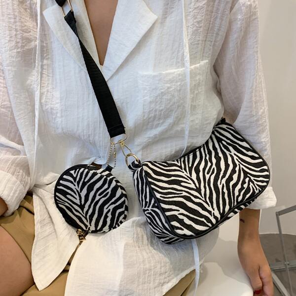 

Zebra Striped Pattern Crossbody Bag With Purse, Black and white