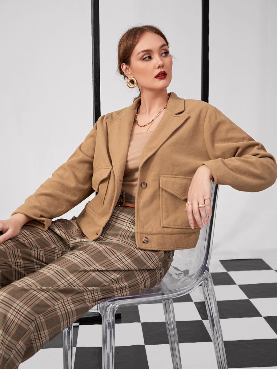 Plus Lapel Neck Flap Pocket Overcoat - Khaki - View 1