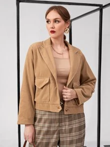 Plus Lapel Neck Flap Pocket Overcoat - Khaki - View 3