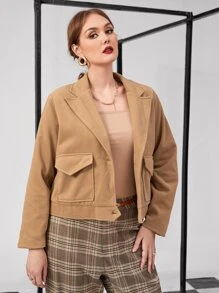 Plus Lapel Neck Flap Pocket Overcoat - Khaki - View 4