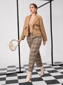 Plus Lapel Neck Flap Pocket Overcoat - Khaki - View 5