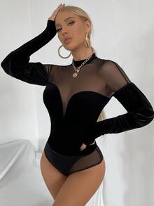 Contrast Mesh Mock Neck Velvet Bodysuit Without Panty - Black - View 3
