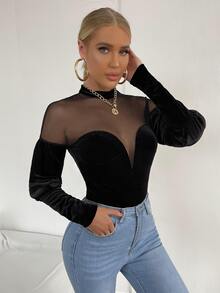 Contrast Mesh Mock Neck Velvet Bodysuit Without Panty - Black - View 4