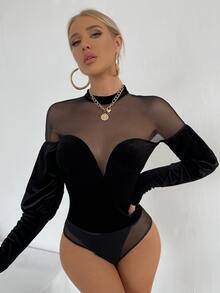 Contrast Mesh Mock Neck Velvet Bodysuit Without Panty - Black - View 5