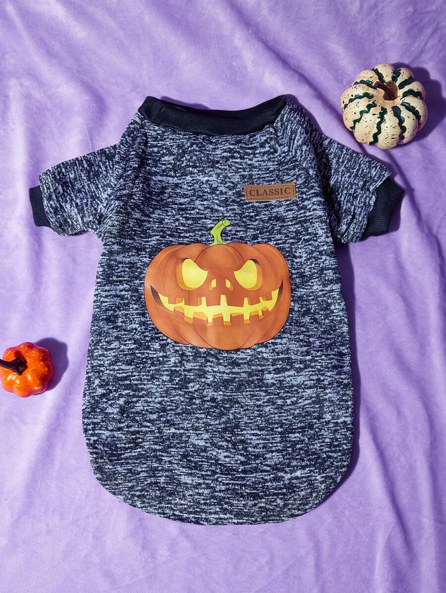 Halloween Pet T-Shirt - Blue And Black Dog Shirt With Smiling Pumpkin Pattern, Full Of Festive Atmosphere - Multicolor - View 1