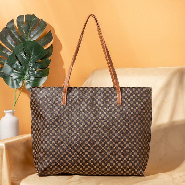 

Geometric Graphic Shoulder Tote Bag, Coffee brown