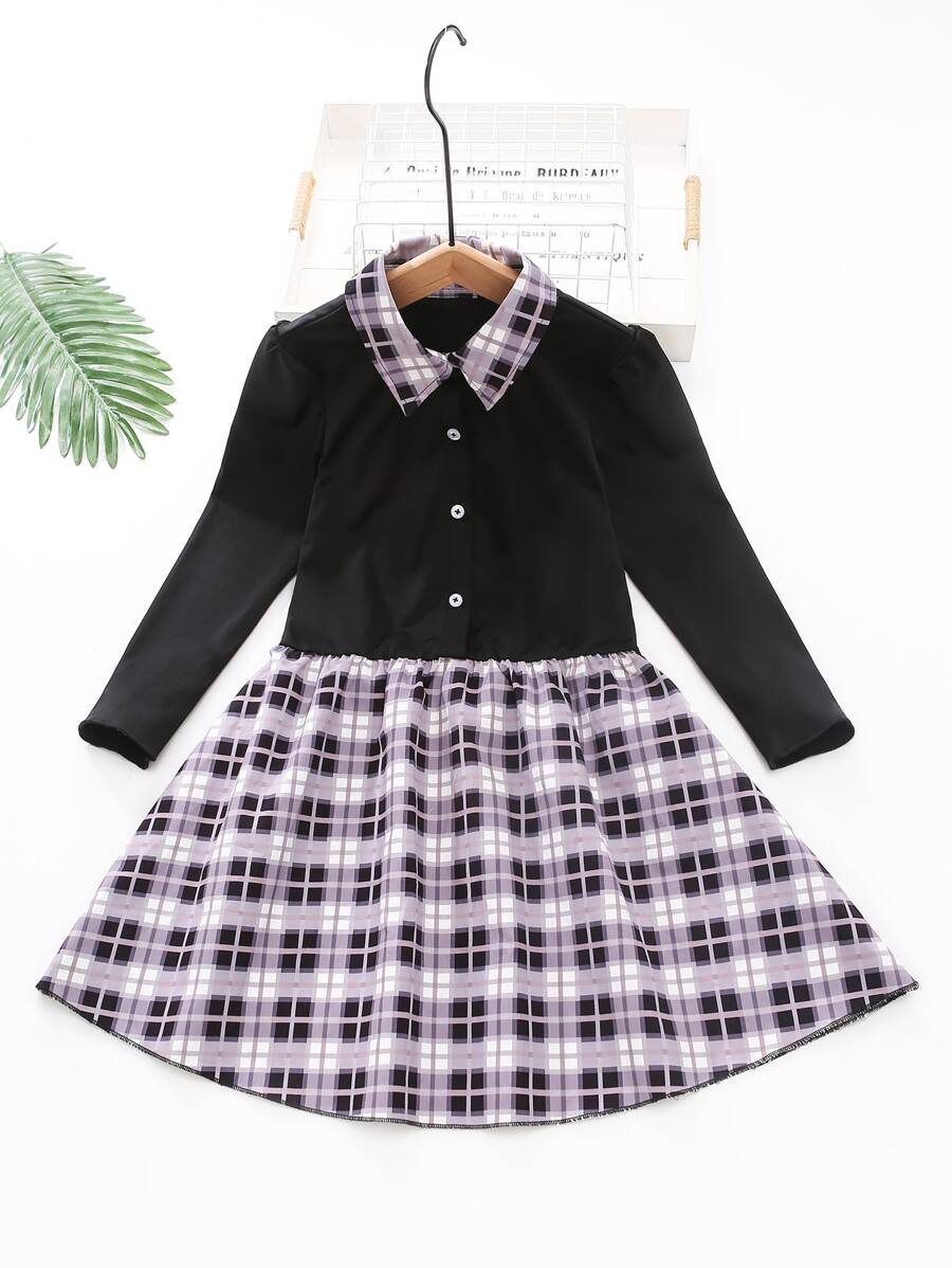 Niñas Vestido camisero de cuadros de color combinado - Multicolor - Ver 1