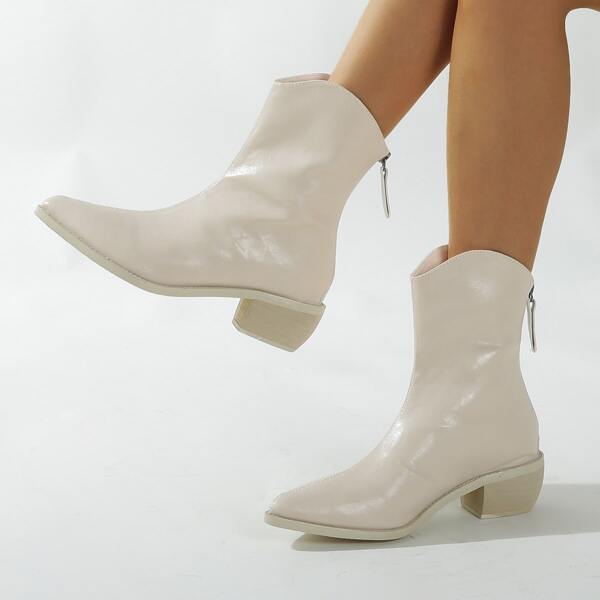 

Zip Back Chunky Heeled Western Boots, Beige