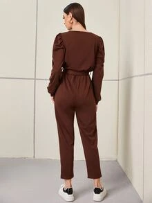 Áo liền quần nữ Thắt lưng Nhẫn Dây kéo màu trơn Giải trí - Màu nâu Sô-cô-la - Xem 2