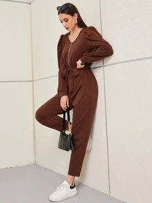 Áo liền quần nữ Thắt lưng Nhẫn Dây kéo màu trơn Giải trí - Màu nâu Sô-cô-la - Xem 4