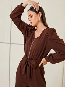 Áo liền quần nữ Thắt lưng Nhẫn Dây kéo màu trơn Giải trí - Màu nâu Sô-cô-la - Xem 5