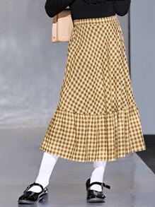 SHEIN 女孩高腰雙色格子荷葉邊半身裙