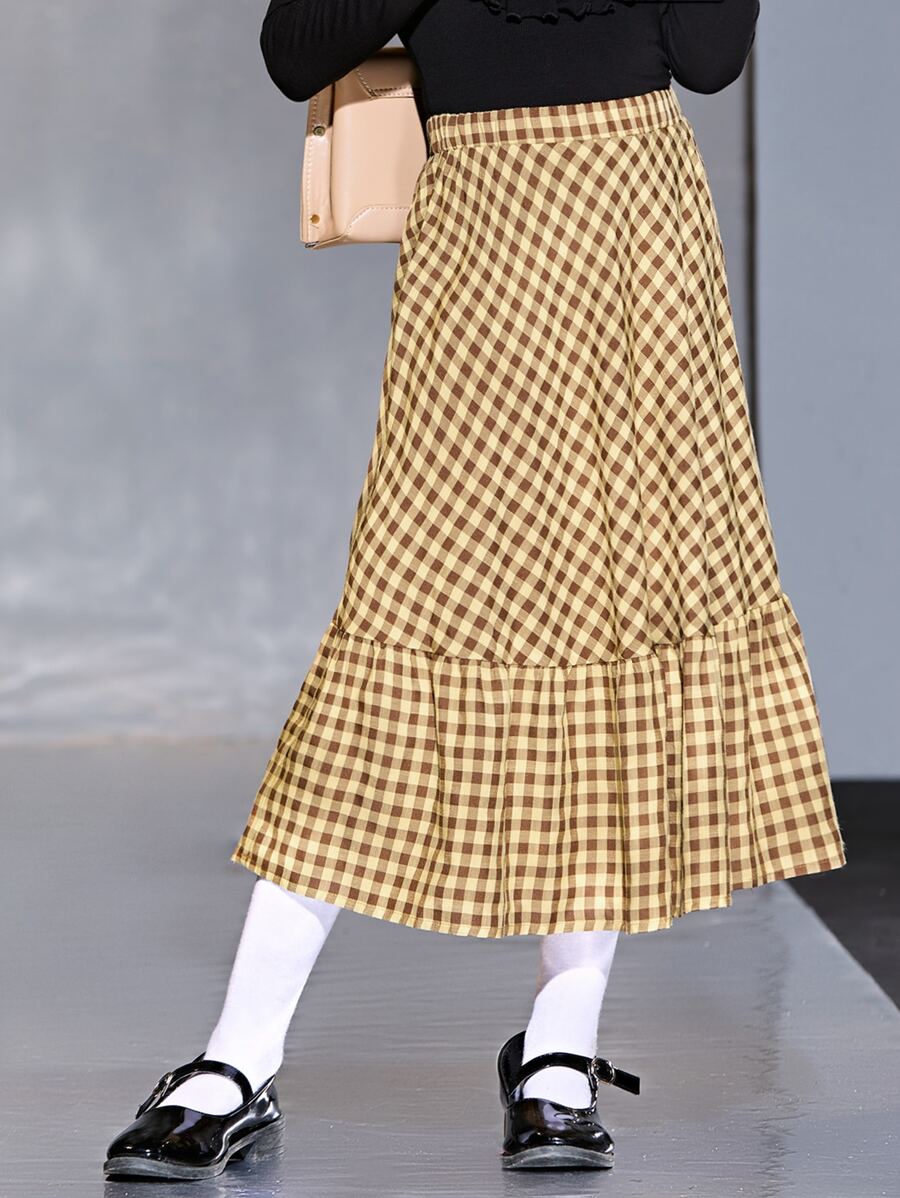 SHEIN 女孩高腰雙色格子荷葉邊半身裙