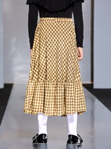 SHEIN 女孩高腰雙色格子荷葉邊半身裙