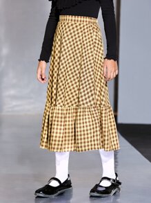 SHEIN 女孩高腰雙色格子荷葉邊半身裙