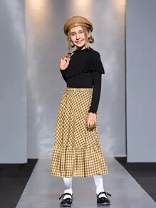 SHEIN 女孩高腰雙色格子荷葉邊半身裙