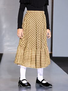 SHEIN 女孩高腰雙色格子荷葉邊半身裙