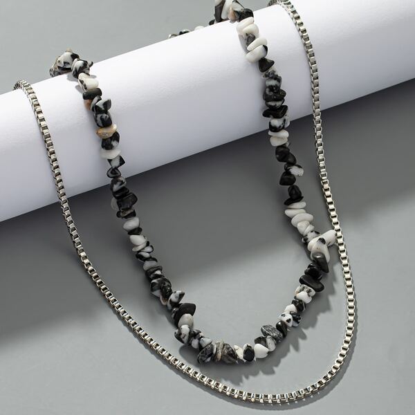 

2pcs Men Stone Beaded Necklace, Black and white