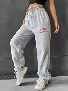 SHEIN Unity 字母刺繡前打結長褲 - 淺灰色 - 查看 1