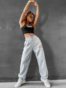 SHEIN Unity 字母刺繡前打結長褲 - 淺灰色 - 查看 4