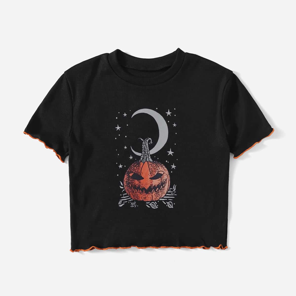 

Halloween Graphic Lettuce Trim Crop Tee, Black