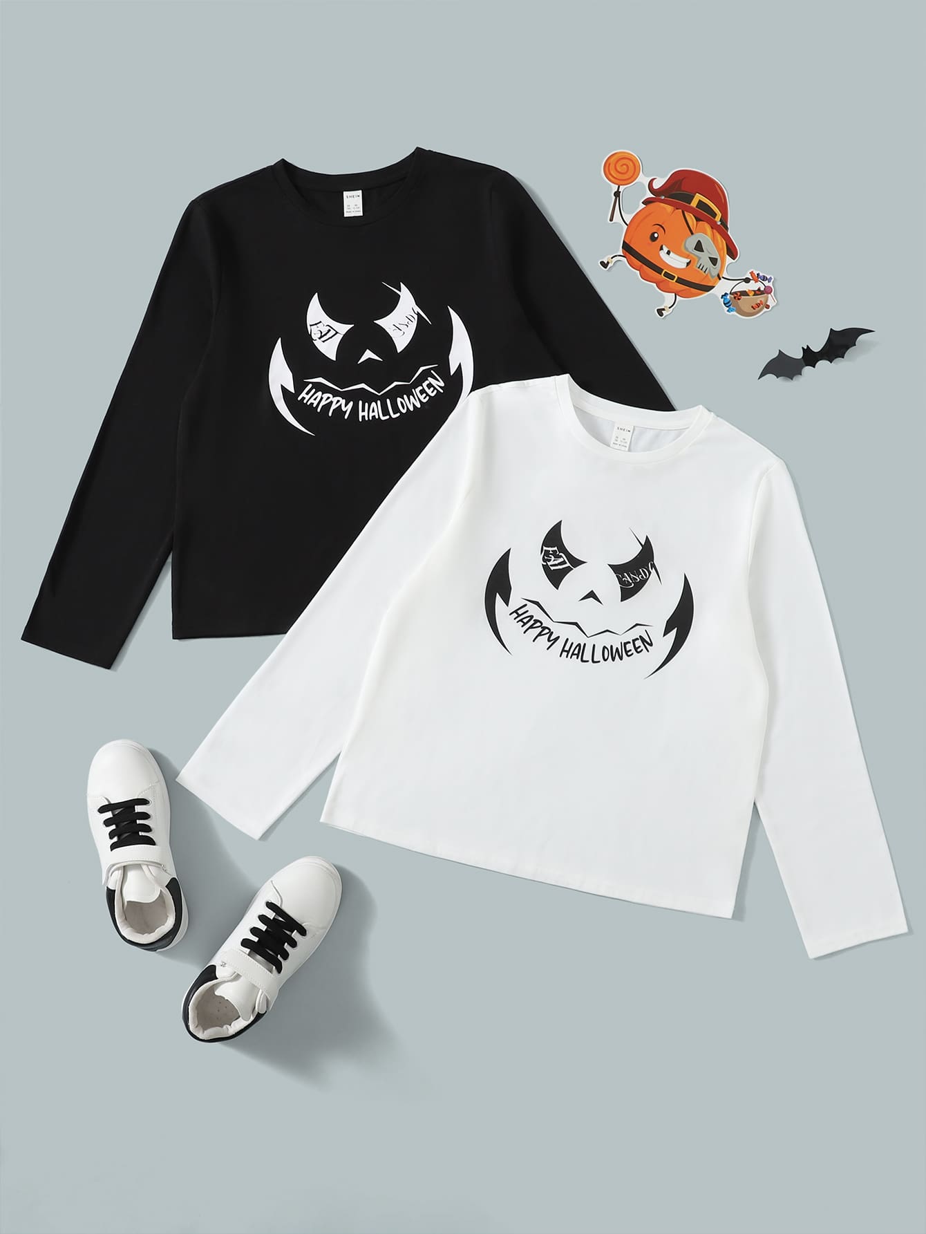 SHEIN 青少年女孩2入組萬聖節標語圖案T恤