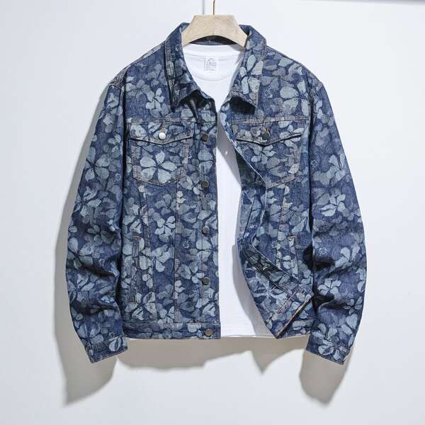 

Men Random Floral Pattern Flap Pocket Denim Jacket Without Tee, Dark wash