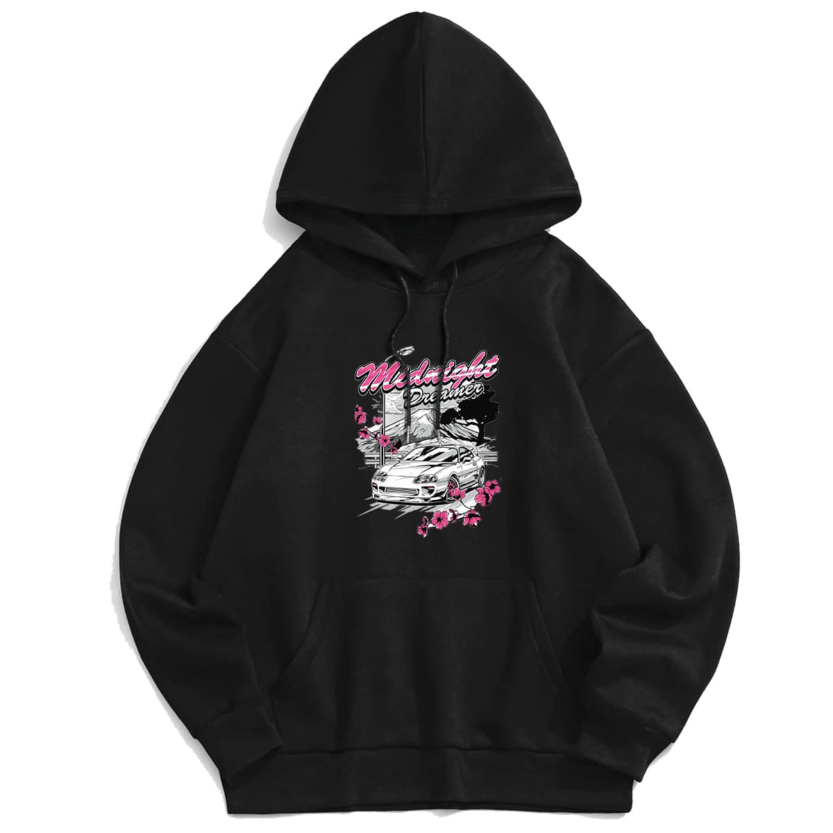 

Guys Letter Car Graphic Kangaroo Pocket Drawstring Hoodie, Black