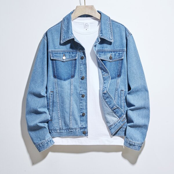 

Men Slogan Graphic Button Up Denim Jacket, Medium wash