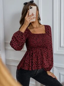 SHEIN LUNE 斑點印花方領打褶荷葉邊下擺襯衫 - 彩色 - 查看 3
