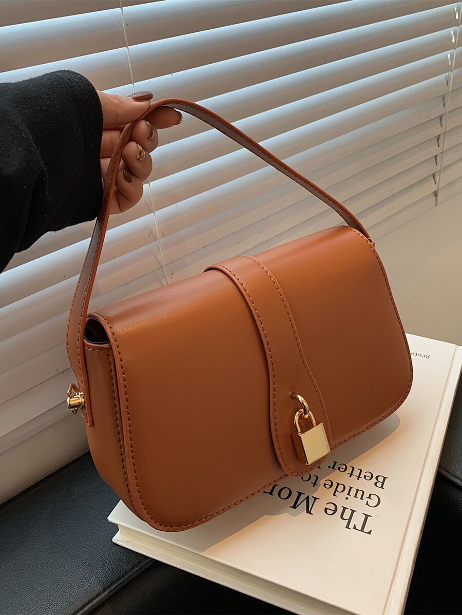 Pad Lock Decor Satchel Bag - Brown - View 1