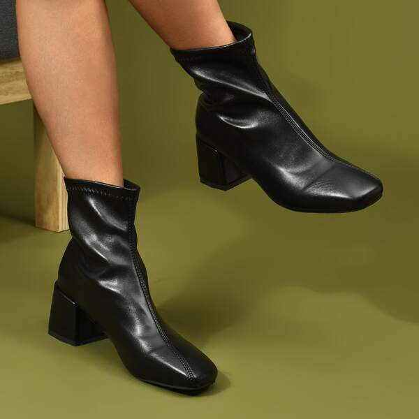 

Stitch Detail Square Toe Slip On Classic Boots, Black
