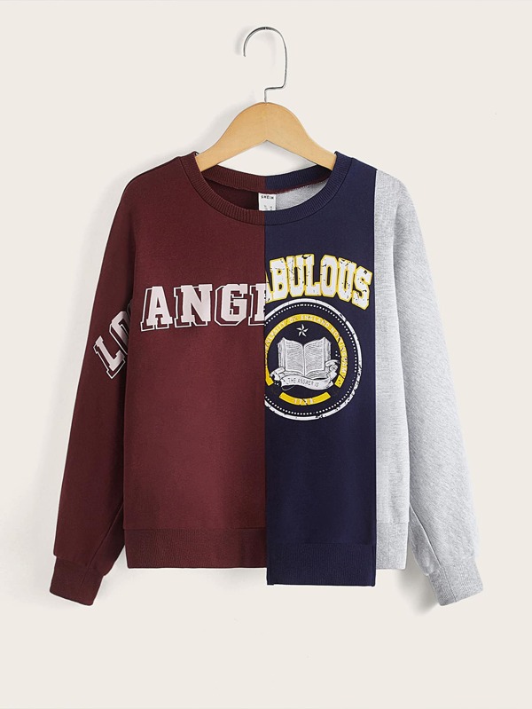 SHEIN Girls Book & Letter Graphic Colorblock Asymmetrical Hem Sweatshirt