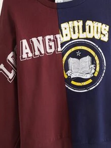 SHEIN Girls Book & Letter Graphic Colourblock Asymmetrical Hem Sweatshirt - Multicolor - View 3