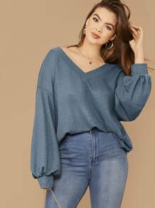 SHEIN LUNE Top tejido waffle de manga farol de hombros caídos - grande - Neblina azul - Ver 1