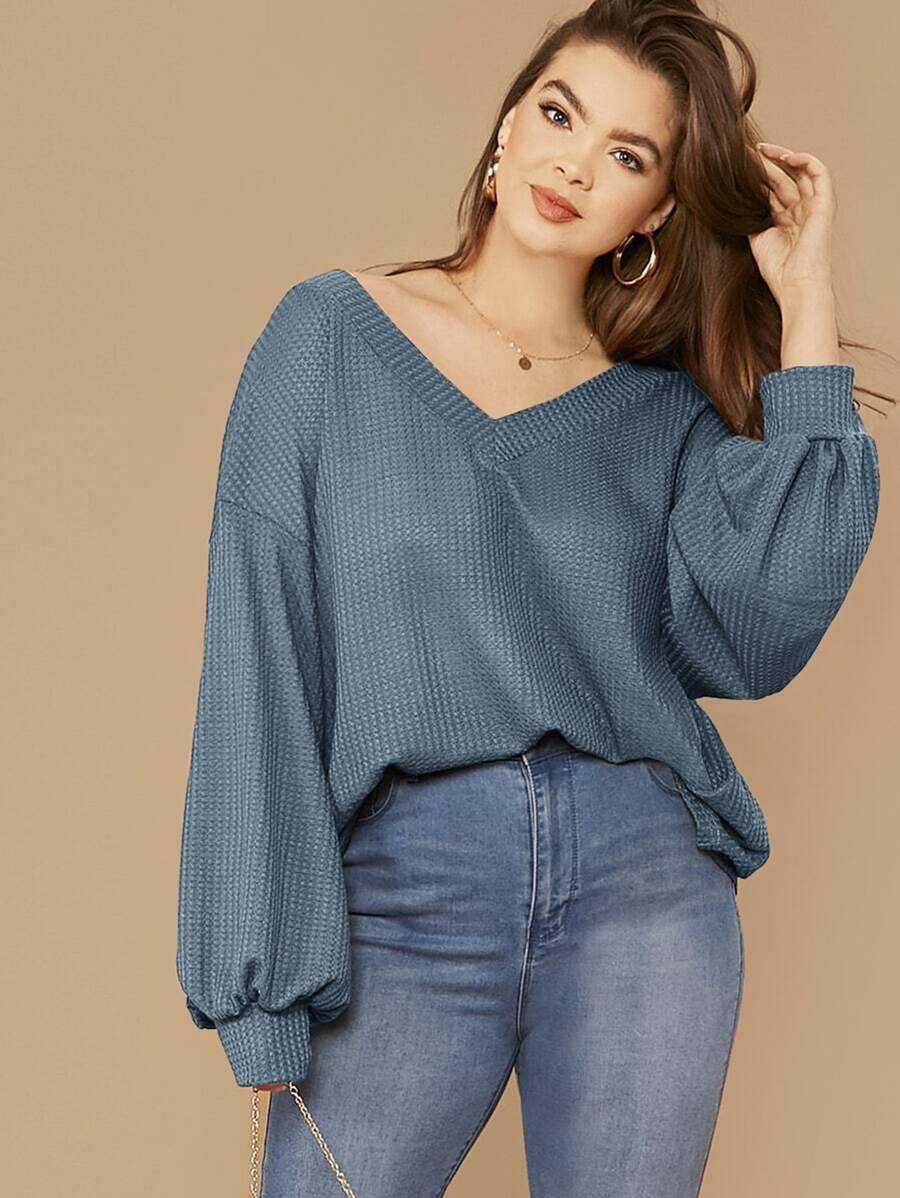 SHEIN LUNE Top tejido waffle de manga farol de hombros caídos - grande - Neblina azul - Ver 1