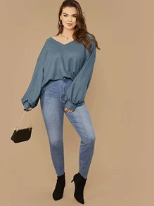 SHEIN LUNE Top tejido waffle de manga farol de hombros caídos - grande - Neblina azul - Ver 4
