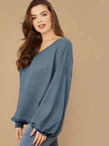 SHEIN LUNE Top tejido waffle de manga farol de hombros caídos - grande - Neblina azul - Ver 5
