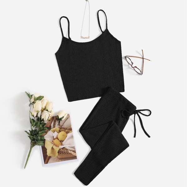

Plus Waffle Knit Cami Top & Leggings Set, Black