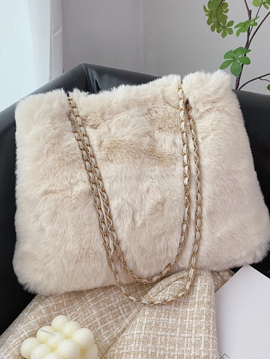 Lightweight,Business Casual Fuzzy Shoulder Tote Bag For Teen Girls Women College Students,Rookies & White-collar Workers Perfect for Office,College,Work ,Business,Commute,Outdoors, Travel, Outings - White - View 1