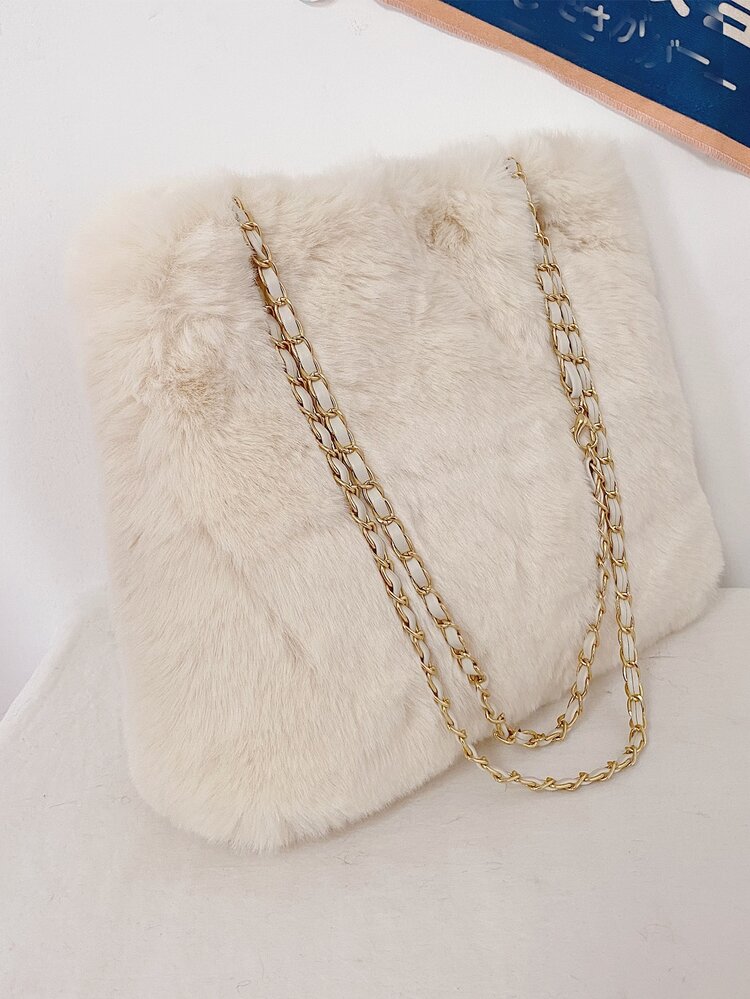 Lightweight,Business Casual Fuzzy Shoulder Tote Bag For Teen Girls Women College Students,Rookies & White-collar Workers Perfect for Office,College,Work ,Business,Commute,Outdoors, Travel, Outings - White - View 3